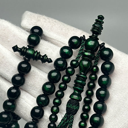 Tasbih Tijani en Yusr Khor 10 mm – Corail Vert, Ficelle Verte et noire | Kourous Artisanal