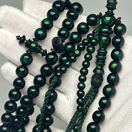 Tasbih Tijani en Yusr Khor vert, ficelle verte et noire — chapelet kourouss misbah corail fait main