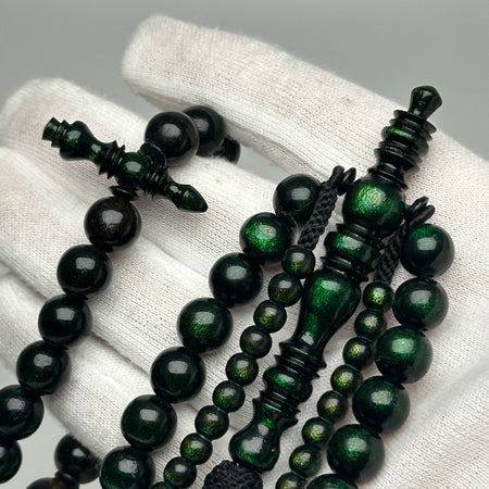 Tasbih Tijani en Yusr Khor 10 mm – Corail Vert, Ficelle Noire | Kourous Artisanal