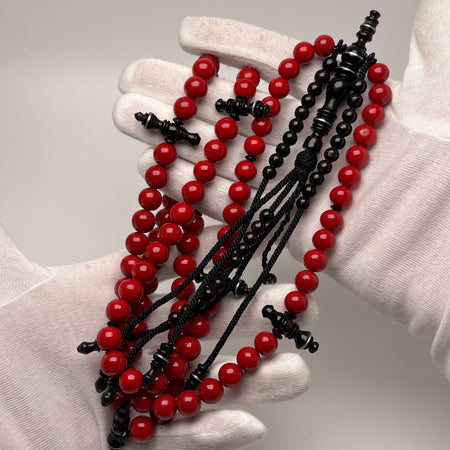 Tasbih Tijani en Marjane rouge & Yusr noir — chapelet kourouss misbah corail fait main