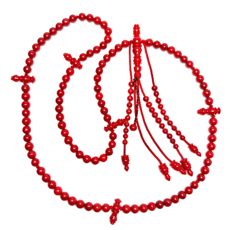 Tasbih Tijani en Marjane & Yusr, corail rouge ficelle rouge — chapelet kourouss misbah fait main