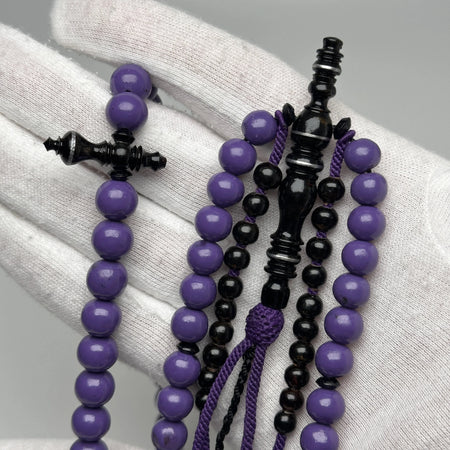 Tasbih Tijani bicolore Marjane violet et Yusr noir, chapelet de prière fait main 100 perles