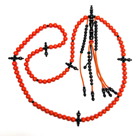 Tasbih Marjane orange et Yusr noir complet, misbaha Tijani bicolore fait main
