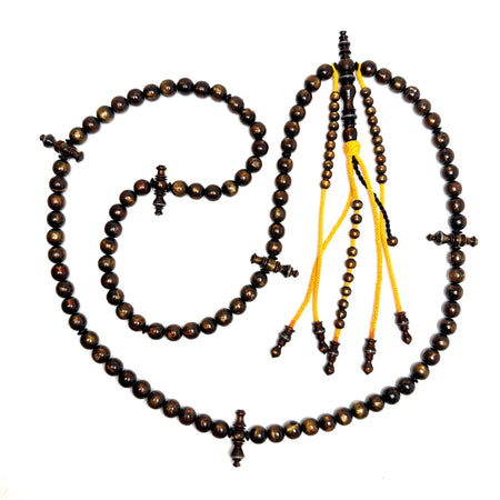 Tasbih Tijani en Marjane & Yusr, corail doré or noir ficelle jaune — chapelet kourouss misbah fait main yousrou khor