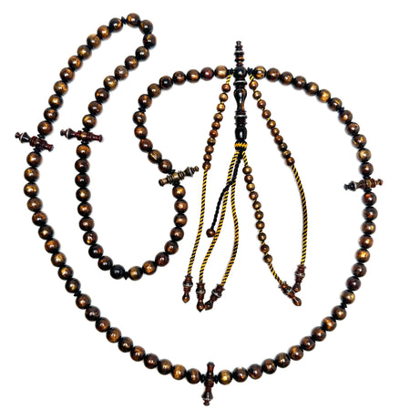 Tasbih Tijani en yousrou khor & Yusr, corail doré or noir ficelle jaune et noire — chapelet kourouss misbah fait main
