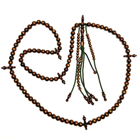 Tasbih Tijani en Marjane & Yusr, corail doré or ficelle vert — chapelet kourouss misbah fait main
